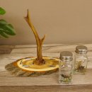 Salz + Pfeffer Streuer Menagen Set mit farbigen Jagdmotiv auf Akazienschild mit Rehbock Stange als Griff #27.40.1.1