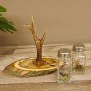 Salz + Pfeffer Streuer Menagen Set mit farbigen Jagdmotiv auf Akazienschild mit Rehbock Stange als Griff #27.40.1.1