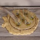Schnaps Anbieter geschnitztes Schnapsbrett H14 cm Rothirsch Stange Geweih Griff mit 6 Stück " kurze " Gläser Jagdmotiv Tier Motiv #27.7.1.3