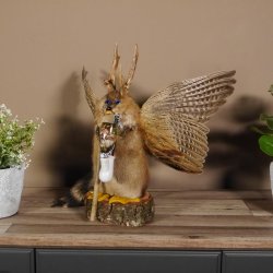 Wolpertinger Wolpi Präparat taxidermy mit große Flügel, Pfeife und Stock, mit blaue Augen Höhe 41 cm Fabelwesen Gaudi Geschenk #86.7.30