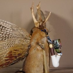 Wolpertinger Wolpi Präparat taxidermy mit große Flügel, Pfeife und Stock, mit blaue Augen Höhe 41 cm Fabelwesen Gaudi Geschenk #86.7.30