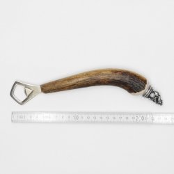 Flaschenöffner Öffner mit Hirsch Geweih Stange Hirschhorn Griff mit Endkappe Verzierung Hirsch stehend GL 24 cm #27.19.7.25