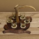 Schnaps Anbieter geschnitztes Schnapsbrett H17 cm Damhirsch Stange Geweih Griff mit 6 Stück " kurze " Gläser Jagdmotiv Tier Motiv #27.7.150
