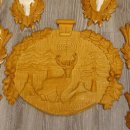 6 Stück Rehgeweihe auf geschnitztem Trophäenschild + 1 geschnitztes Schild Motiv Hirsch Rehbock Reh Bock Geweihe #22.1042